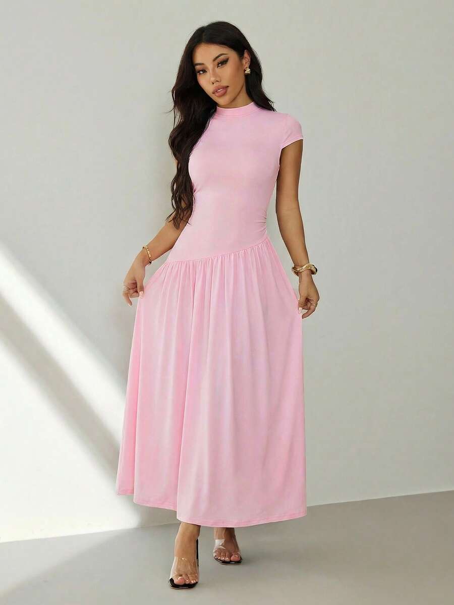 SHEIN PETITE 女士纯色褶皱领优雅收腰长款派对连衣裙