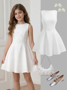 Girlism Kids Summer Squishy Tween Girls Elegant White Princess Dress, Suitable For Family Gatherings, Parties, And Events Cute Dress White Dress With Bow White Dress Elegant Outfitwhite Dress Prom Dresses Vestidos Elegantes Para Fiesta - White - View 1