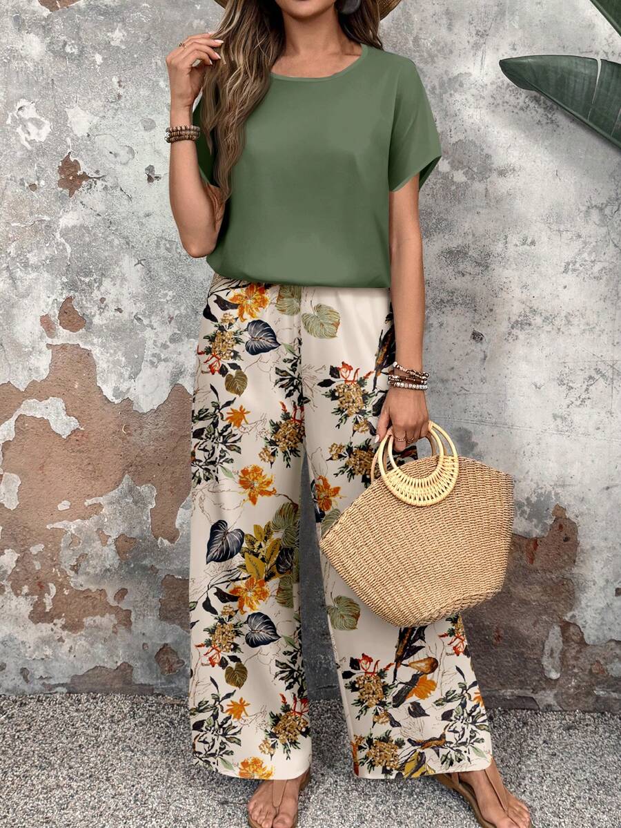 EMERY ROSE Bộ 2 món gồm áo cổ tròn và quần ống rộng dành cho nữ, trang phục đa năng phù hợp cho mùa xuân và mùa thu. - Nhiều màu - Xem 1