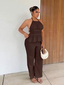 Maria Perezxox Setelan Dua Potong Gaya Prancis: Atasan Tank Top Model Halter dengan Pinggang Ramping dan Celana Panjang Longgar untuk Wanita - Coklat - View 6