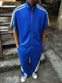 PAVTROS Men's Contrast Color Short Sleeve Shirt And Pants Set Mens Two Piece Set Blue Tracksuit Men Men Clothes Two Piece Mens Clothing Tracksuit Summer Track Suit For Men - Navy Blue - View 3