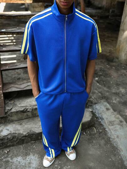 PAVTROS Men's Contrast Color Short Sleeve Shirt And Pants Set