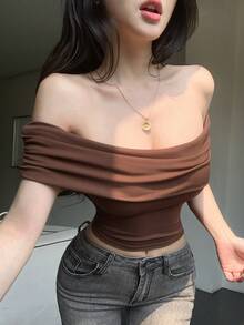 DAZY Brown Fitted Cropped Off Shoulder Top, Fashionable For Music Festivals, Summer & Spring Top - Brown - View 4