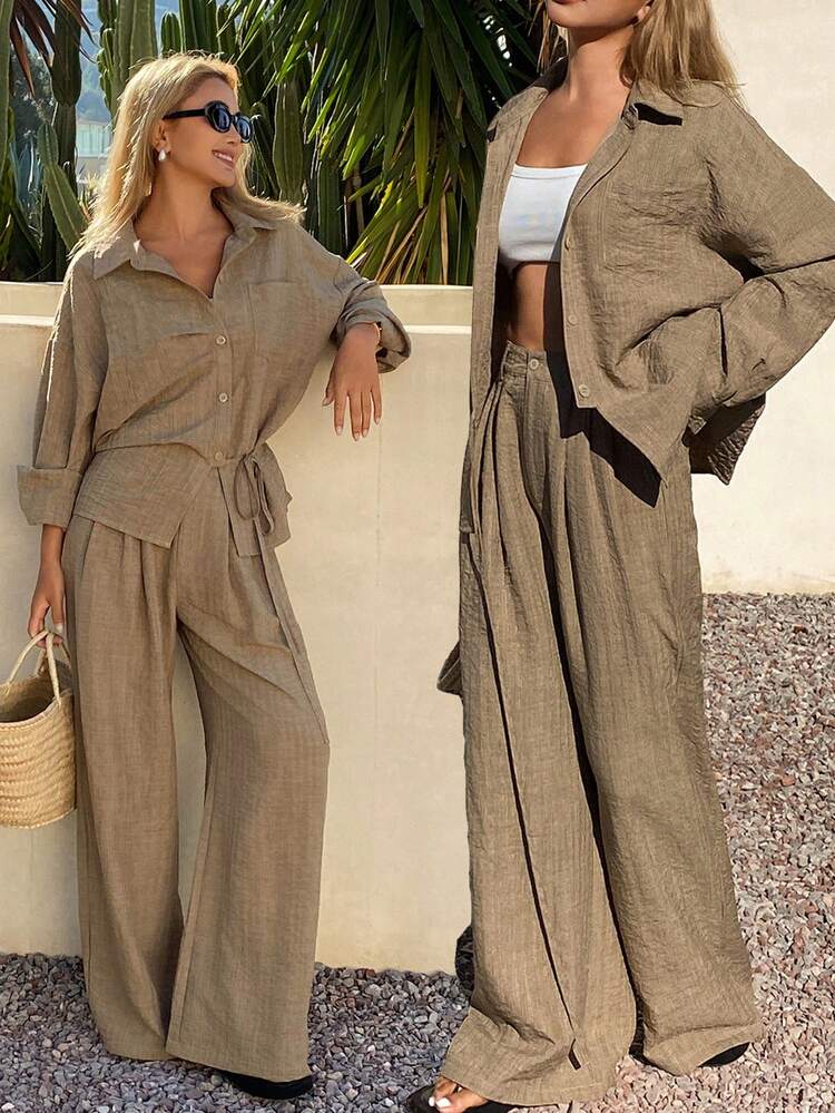 Women's Turndown Collar Loose Side Tie Long Sleeve Shirt And Relaxed Fit Pants 2 Pieces Set, Casual Summer
