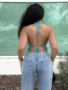 Alexandranx Summer Front Slit, Open Back, Knotted Halter Neck Black And Beach Blue Top - Blue - View 2