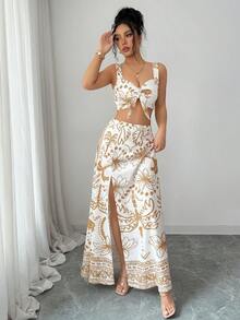 SHEIN Elenzya 女士优雅印花两件套，休闲度假沙滩装，舒适夏季套装 - 彩色 - 查看 6