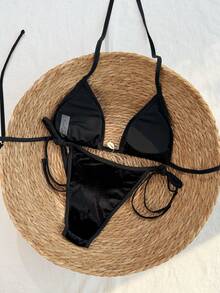 Swim Vcay Conjunto de bikini de 2 piezas con tirantes de espagueti, cuello halter, espalda descubierta y lazos laterales, de terciopelo negro, para primavera/verano 2026 para mujeres - Negro - Ver 2