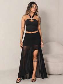 Rayane Ketlyn Women's Solid Color Pleated Mesh Patchwork Side Slit Skirt - Black - View 5