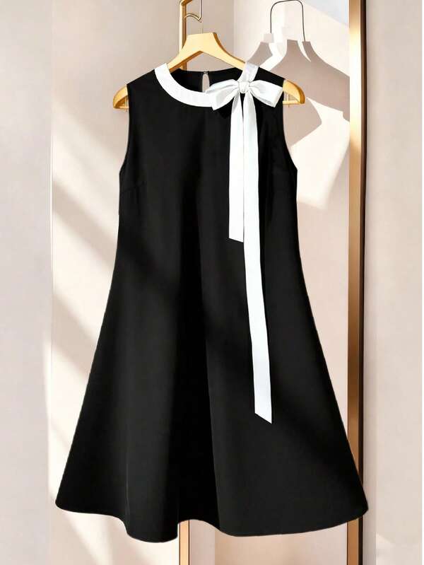 Elenzga 大码女式优雅撞色蝴蝶结露背无袖连衣裙，韩版甜美少女风连衣裙，适合通勤、派对、宴会等场合，浪漫气息十足。