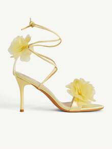 CUCCOO CHICEST Sandal Hak Tinggi Wanita Modis Model Bunga Ujung Lancip dengan Hak Tipis Warna Kuning Terbaru untuk Musim Panas - Kuning - View 2