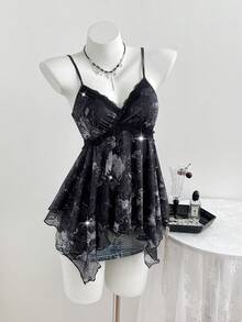 Elamini 1 chiếc áo hai dây Perris màu xanh hải quân cổ điển, họa tiết hoa đính sequin, vạt áo bất đối xứng, kiểu dáng Y2K, thích hợp mặc mùa xuân/hè. - màu đen - Xem 4