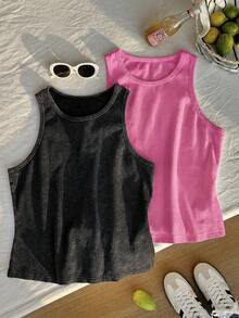 Comfortcana 2pcs/Set Brown Solid Color Sleeveless Washed Comfortable Ribbed Crew Neck Knit Tank Tops, Plus Size, Spring/Summer Gym - Hot Pink - View 6