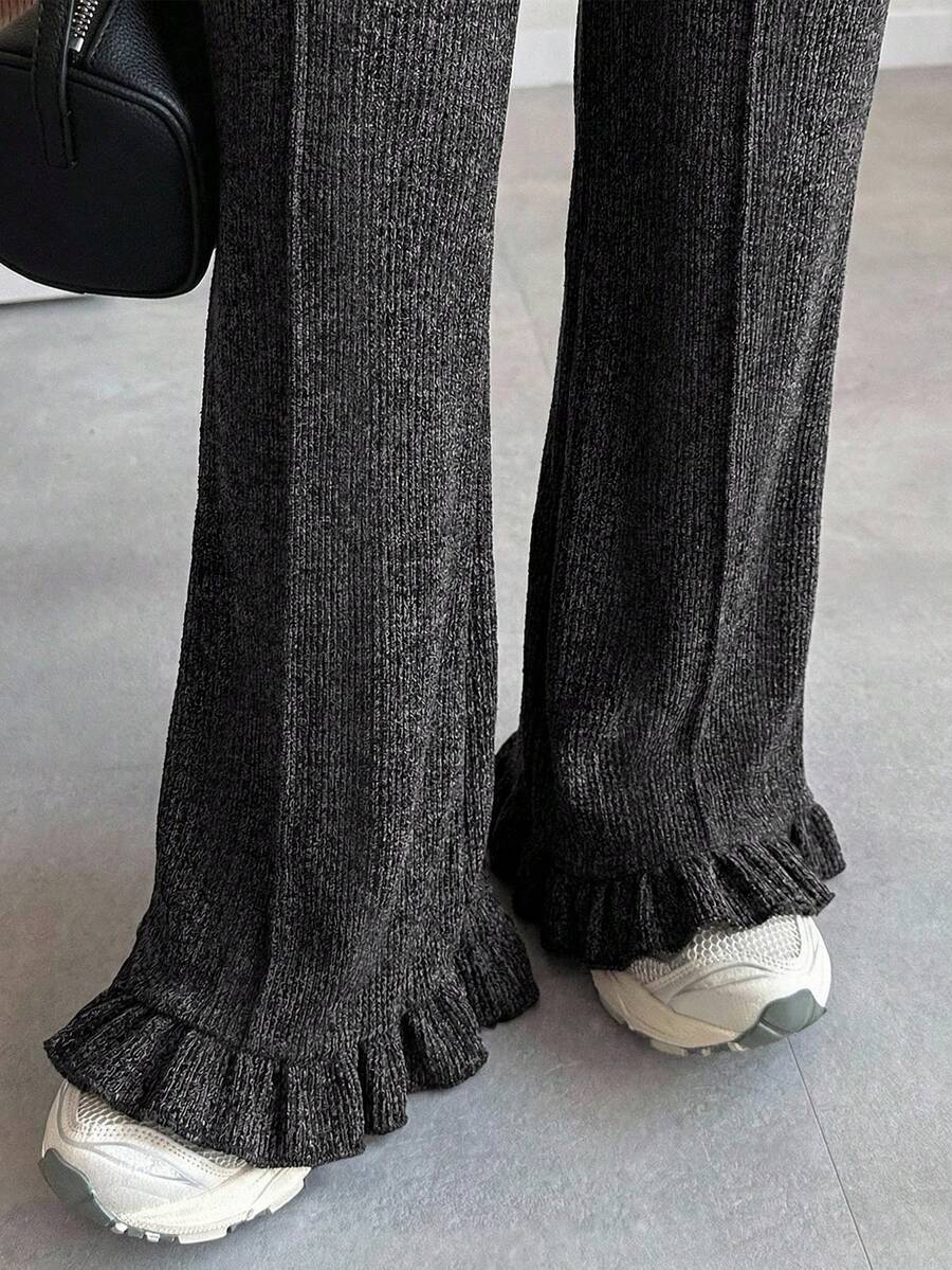 FRIFUL Women's Solid Color Ruffle Hem Straight Leg Loose Casual Comfortable Pants - Grey - View 1