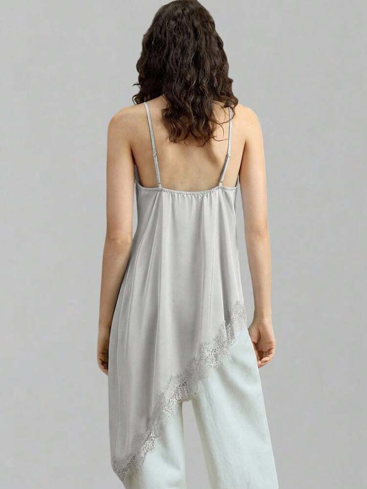 Women's Light Grey Casual Long Cami Tank Top Woven Fabric With Contrast Lace And Spaghetti Strap Neckline All-Season Versatile Modern Urban Fashion Business Casual Women's Wear Office Attire Understated Old-Money Style, Elegant And Sophisticated, High-Quality Commuter And Airport Women's Wear Bohemian Style Vacation Outfits Seaside Women's Clothing, Country Music Concert Style, Western Style Clothing, Nomadic Casual Fashion Boho