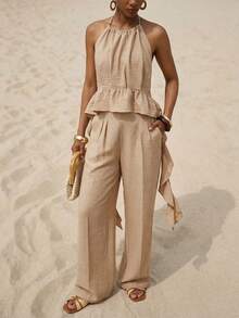 Zivah 2026 Vacation Casual Ruffled Hem Elegant Halter Top And Pants Set - Khaki - View 4