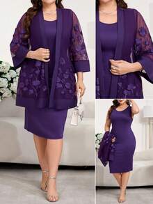 SHEIN Clasi 大码女式两件套，优雅白色刺绣衬衫搭配中长裙，适合户外、工作和日常穿着。 - 紫色 - 查看 3