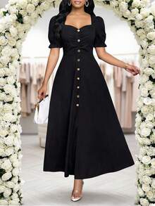 SHEIN Lady Robe élégante à col en cœur, manches à volants en pétales, boutonnage simple pour femmes, couleur unie - Noir - Voir 4