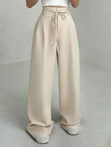 Rafferiza 高腰蝴蝶结腰带裤，优雅休闲女裤，适合春夏穿着，修身显瘦，通勤及日常穿着皆宜。 - 杏色 - 查看 1