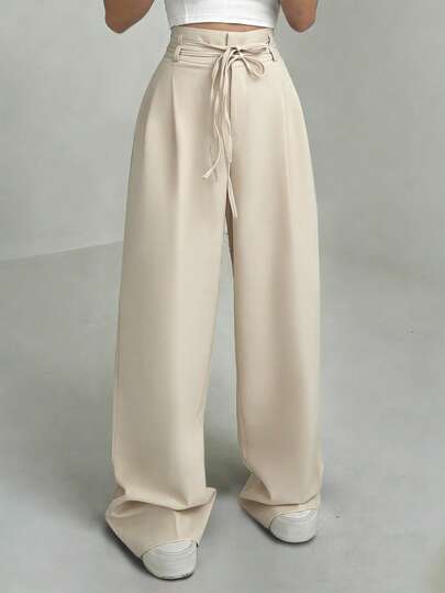 Rafferiza 高腰蝴蝶结腰带裤，优雅休闲女裤，适合春夏穿着，修身显瘦，通勤及日常穿着皆宜。