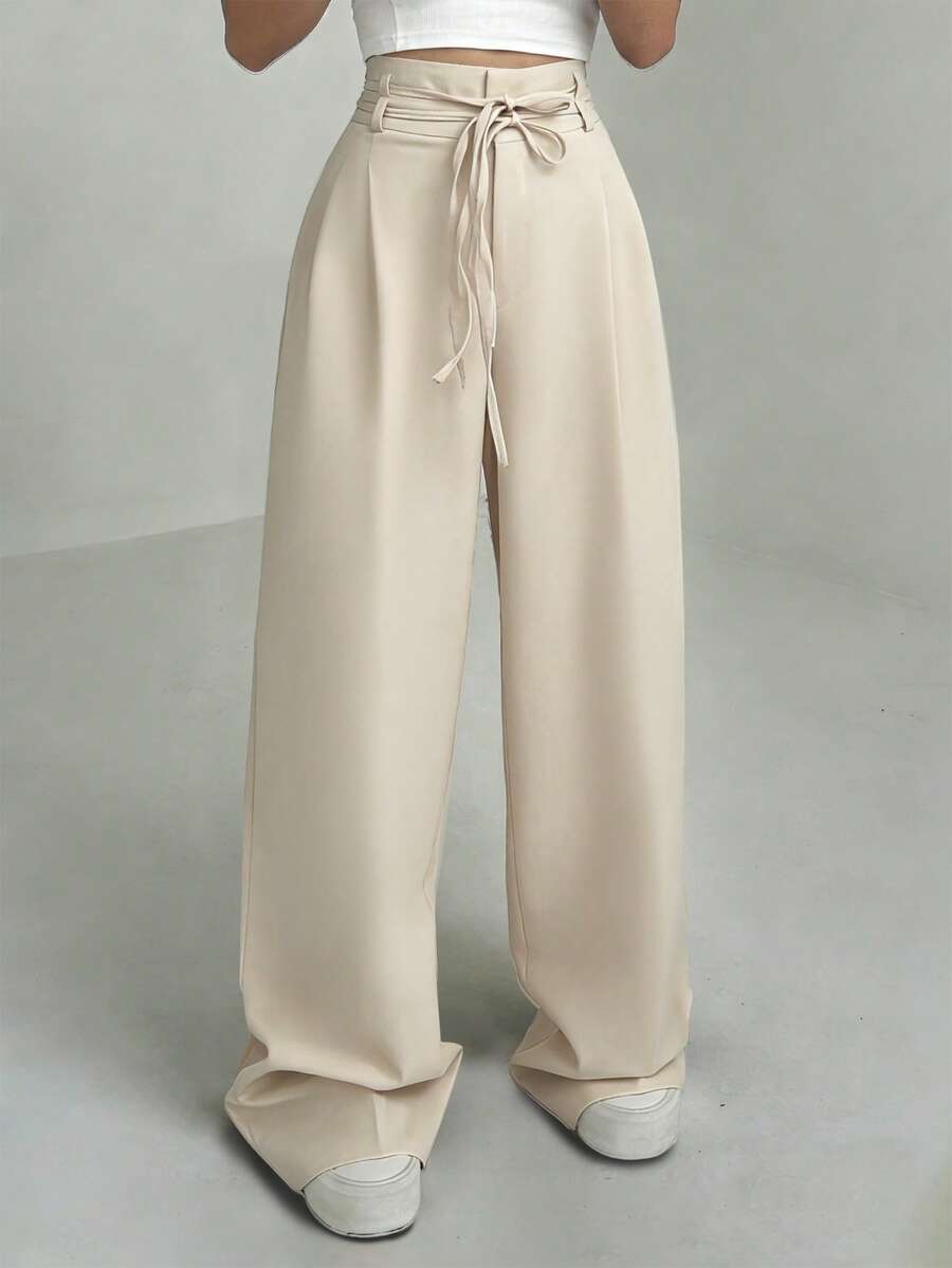 Rafferiza 高腰蝴蝶结腰带裤，优雅休闲女裤，适合春夏穿着，修身显瘦，通勤及日常穿着皆宜。 - 杏色 - 查看 1