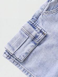 Trending Summer Young Boys' Washed Denim Utility Cargo Shorts, Elastic Waist Loose Straight Leg Design - Light Wash - View 3