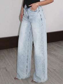 SHEIN Tall Quần jeans nữ ống rộng, dáng suông, thoải mái, đa năng, có túi. - Rửa nhẹ - Xem 5