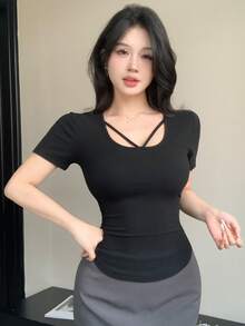 DAZY Spring & Summer Black Lace-Up Slim Fit Elegant Crew Neck Short Sleeve Tee Shirt, Suitable For Valentine's Day, Wedding, Party, Commute - Black - View 7