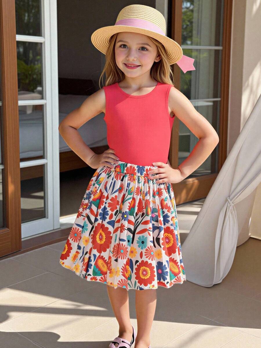 SHEIN Kids Vacation Style Rib-Knit Tank Top And Colorful Botanical Pattern Skirt Co-Ords Set Two-Piece Outfit - Coffee Brown - View 1