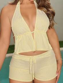 Maria Perezxox 蓝白条纹亚麻深 V 领系带露背背心和低腰抽绳系带宽松休闲短款沙滩短裤，性感可爱优雅浪漫夏季女装 - 黃色 - 查看 6