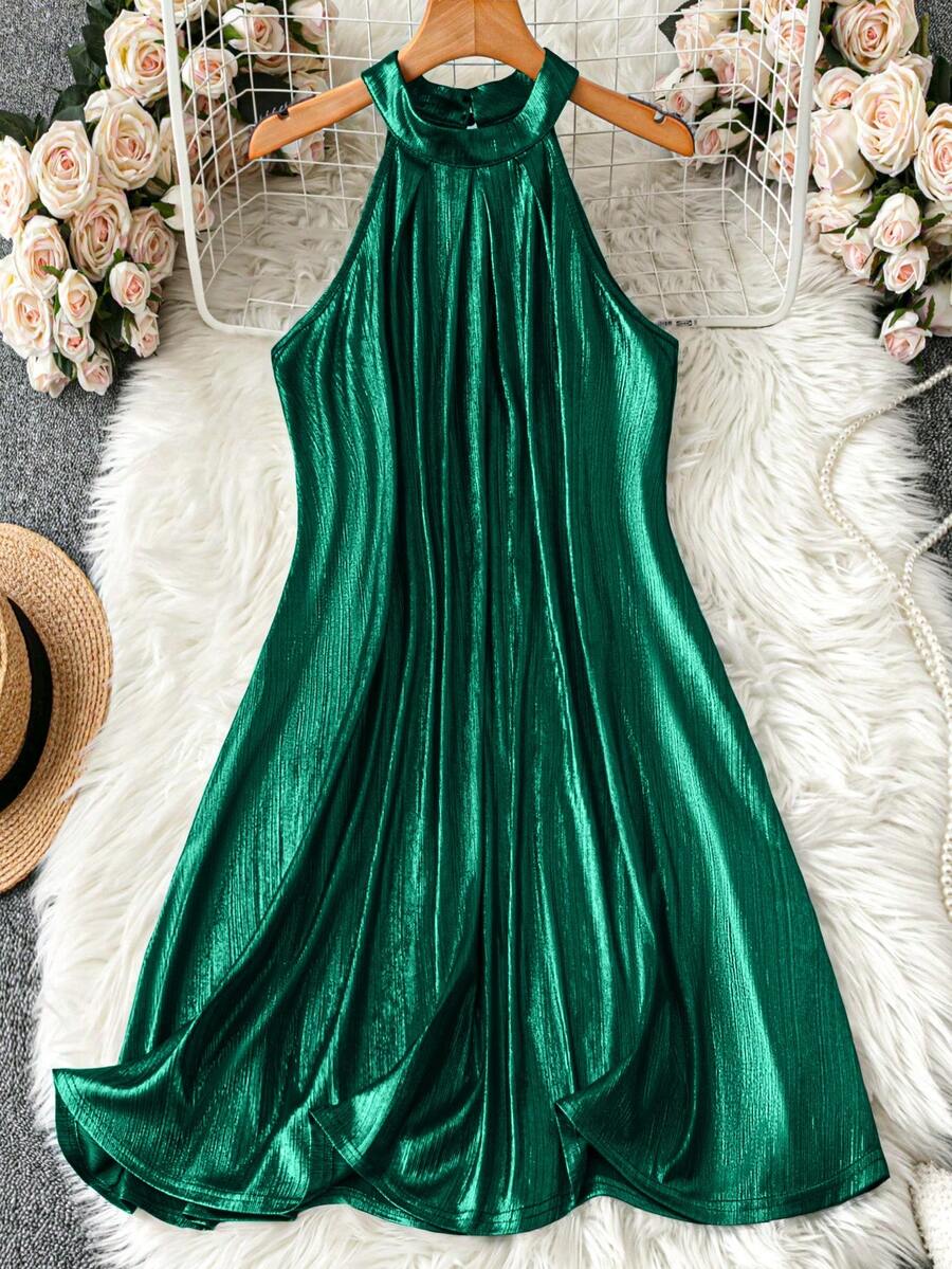 SHEIN Clasi Women's Elegant Sleeveless A-Line Dress, Gold Color, Suitable For Daily Commute And Party Occasions - Dark Green - View 1
