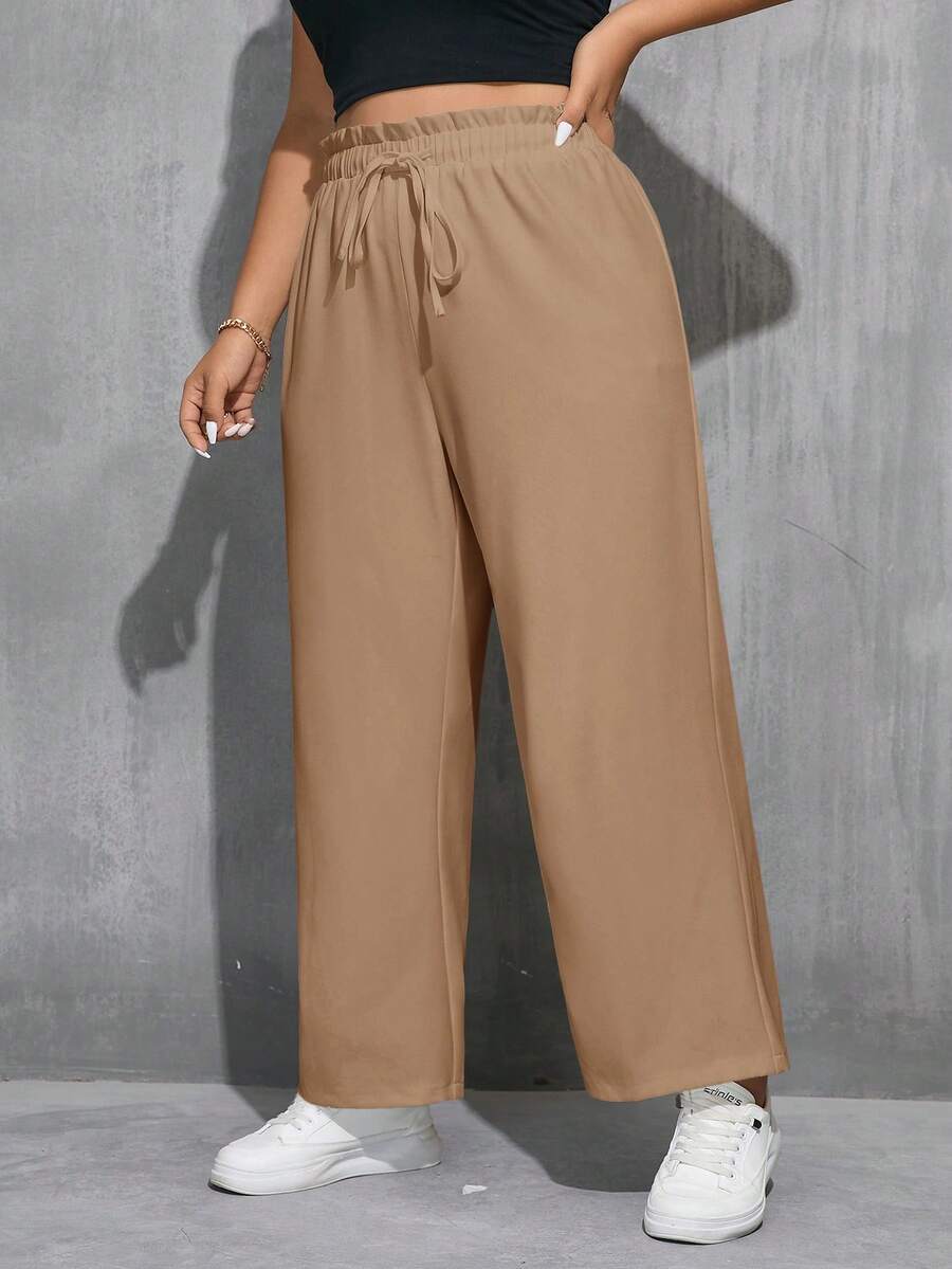 SHEIN Essnce 大码女式荷叶边抽绳腰宽松白色休闲裤 - 卡其色 - 查看 1