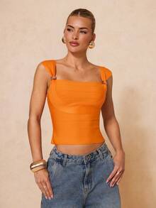 Lumalex 女士时尚弹力金属装饰露脐上衣，夏季 - 橘色 - 查看 8