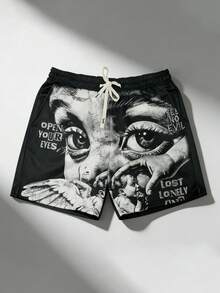 Goth Men's Drawstring Waist Letter & Cartoon Print Casual Versatile Daily Wear Shorts, Suitable For Spring & Summer - Multicolor - View 2