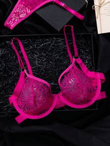 2pcs Orange Underwire Lace Bra Set, Fresh And Youthful - Hot Pink - View 3