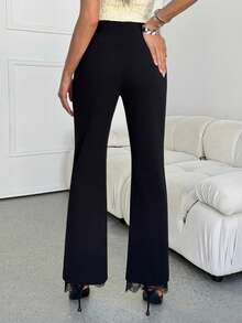 Lavishia 女士黑色喇叭裤，饰有撞色蕾丝，优雅百搭，适合通勤和日常穿着，夏季款 - 黑色 - 查看 2