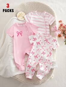 Bộ đồ 3 món mùa xuân/hè cho bé gái sơ sinh: Áo liền quần cổ tròn cài khuy bấm với họa tiết nơ, họa tiết sọc và trái tim, kiểu dáng giản dị và dễ thương. - Nhiều màu - Xem 3