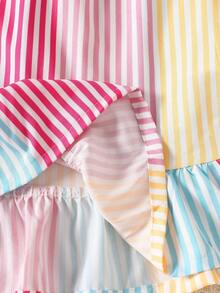 SHEIN 女童梭织面料彩色条纹数码印花荷叶边吊带连衣裙，适合夏季日常穿着、外出、旅行、度假和聚会。 - 彩色 - 查看 8