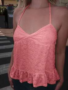 Turnttoni Solid Color Lace Patchwork Twist Front Camisole Tank Top, Fashionable Summer - Pink - View 6