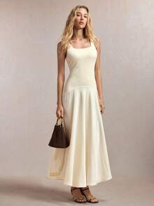 BizChic Summer New Buttercup Yellow Square Neck Wrinkle-Resistant Satin Patchwork Dress, Modern Elegant Office Commute - Beige - View 1