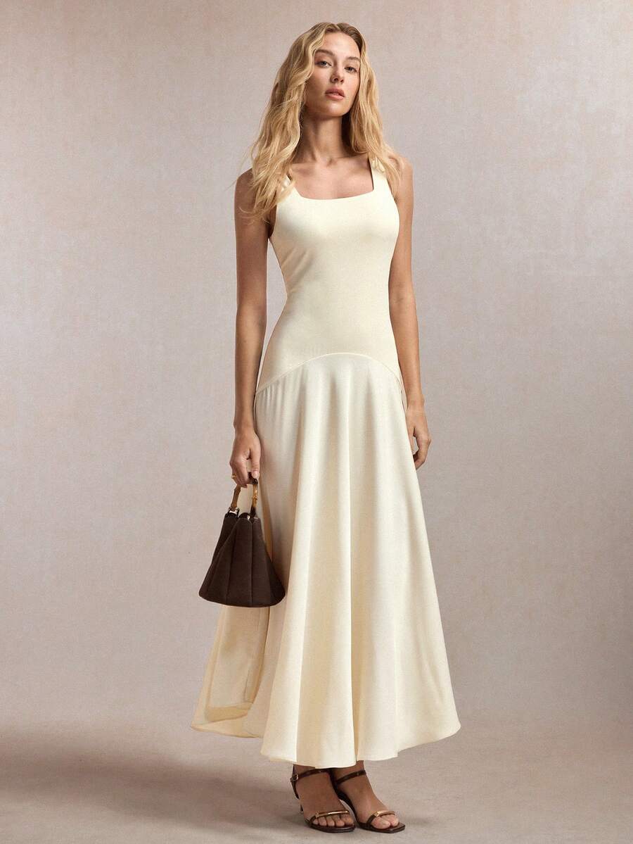 BizChic Summer New Buttercup Yellow Square Neck Wrinkle-Resistant Satin Patchwork Dress, Modern Elegant Office Commute - Beige - View 1