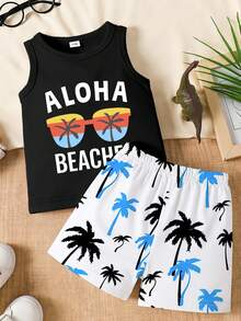 SHEIN Playful Pals 2pcs/Set Baby Boy Outfit, Fashionable Minimalist Sunglasses, Letter Print Tank Top, Palm Tree Print Shorts, Suitable For Summer Outings - Multicolor - View 3