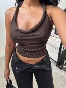 Alexandranx 新款女式亮片针织垂坠领上衣 - 棕色 - 查看 6