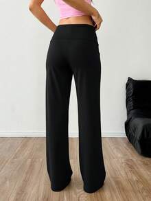 SHEIN EZwear 黑色高腰阔腿宽松休闲裤 - 黑色 - 查看 2