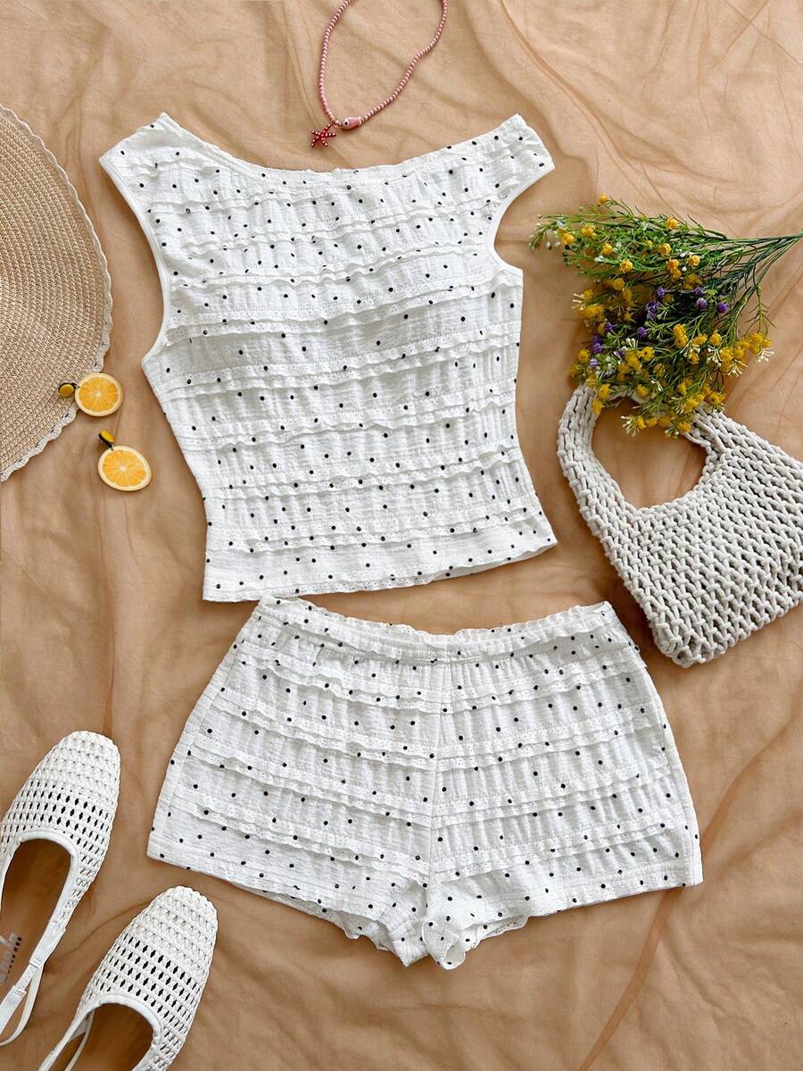 Soleia 女士春夏度假两件套：红白条纹针织不对称露肩短款上衣和超低腰紧身短裤，适合派对、圣诞节、情人节、约会、海滩、邮轮、嘉年华、复活节、中国新年等场合。 - 彩色 - 查看 1