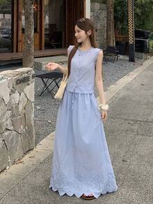 DAZY 女士圆领蕾丝拼接开衫上衣和长裙两件套度假休闲夏季套装 - 藍色 - 查看 5