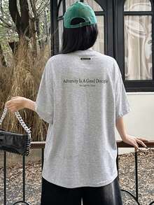 DAZY Women's Casual Slogan Print Short Sleeve T-Shirt, Summer - Light Grey - View 3
