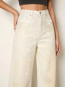 Anewsta Women's Casual Commuter Rhinestone Decor Loose Wide-Leg Jeans - White - View 2