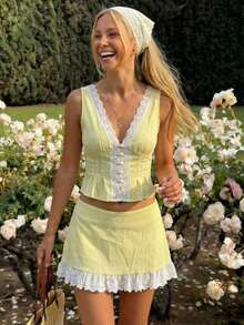 CovetEZ Women's Summer Sexy Button-Front Textured Top And Ruffle Hem Skirt 2 Pieces Set - Yellow - View 2