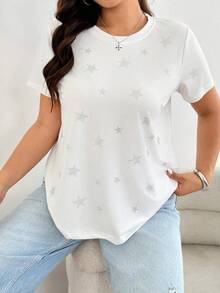 Easura Plus Size Women's Fashion Pentagram Rhinestone Embellished Casual Minimalist Versatile T-Shirt - White - View 8