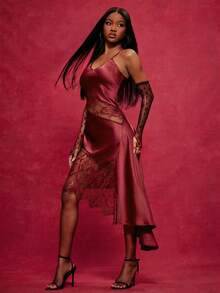 NYA SZN V领深V宽松缎面黑色蕾丝不对称下摆吊带高低摆街头风叠穿约会活动派对性感奢华长款连衣裙 - 酒紅色 - 查看 5